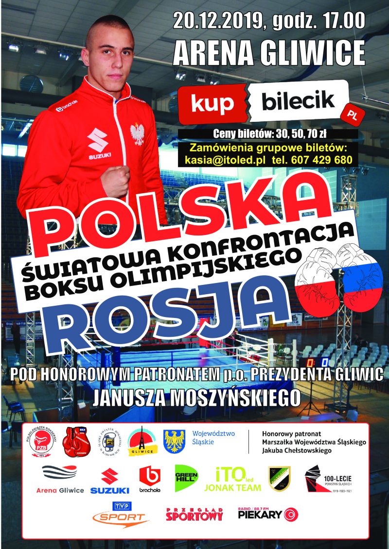 Mecz Polska – Rosja. Informacja o zakupie biletów na plakacie